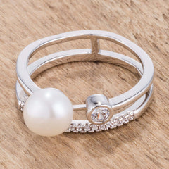 .15Ct Rhodium Plated CZ and Freshwater Pearl Contemporary Double Band Ring - Flyclothing LLC
