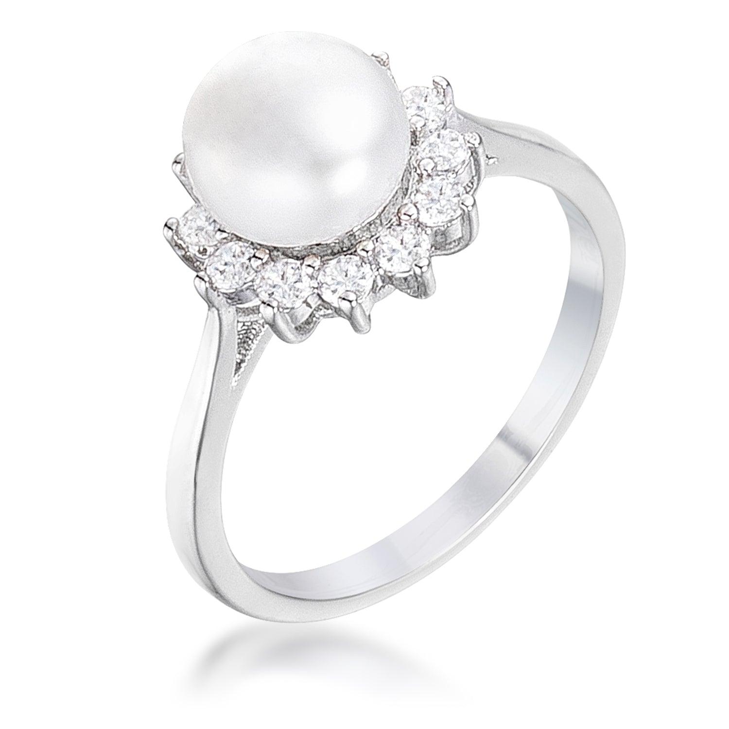.36Ct Rhodium Plated Freshwater Pearl and CZ Halo Ring - Flyclothing LLC