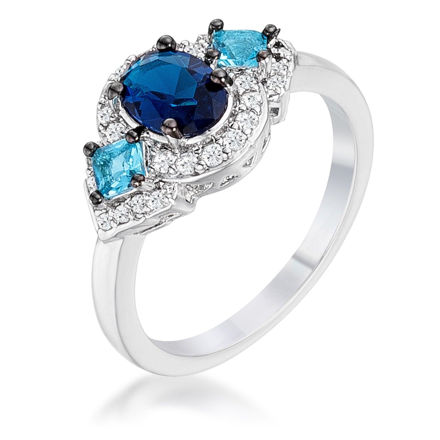 1.3Ct Rhodium and Hematite Plated Shades of Blue CZ Three Stone Engagement Ring - Flyclothing LLC