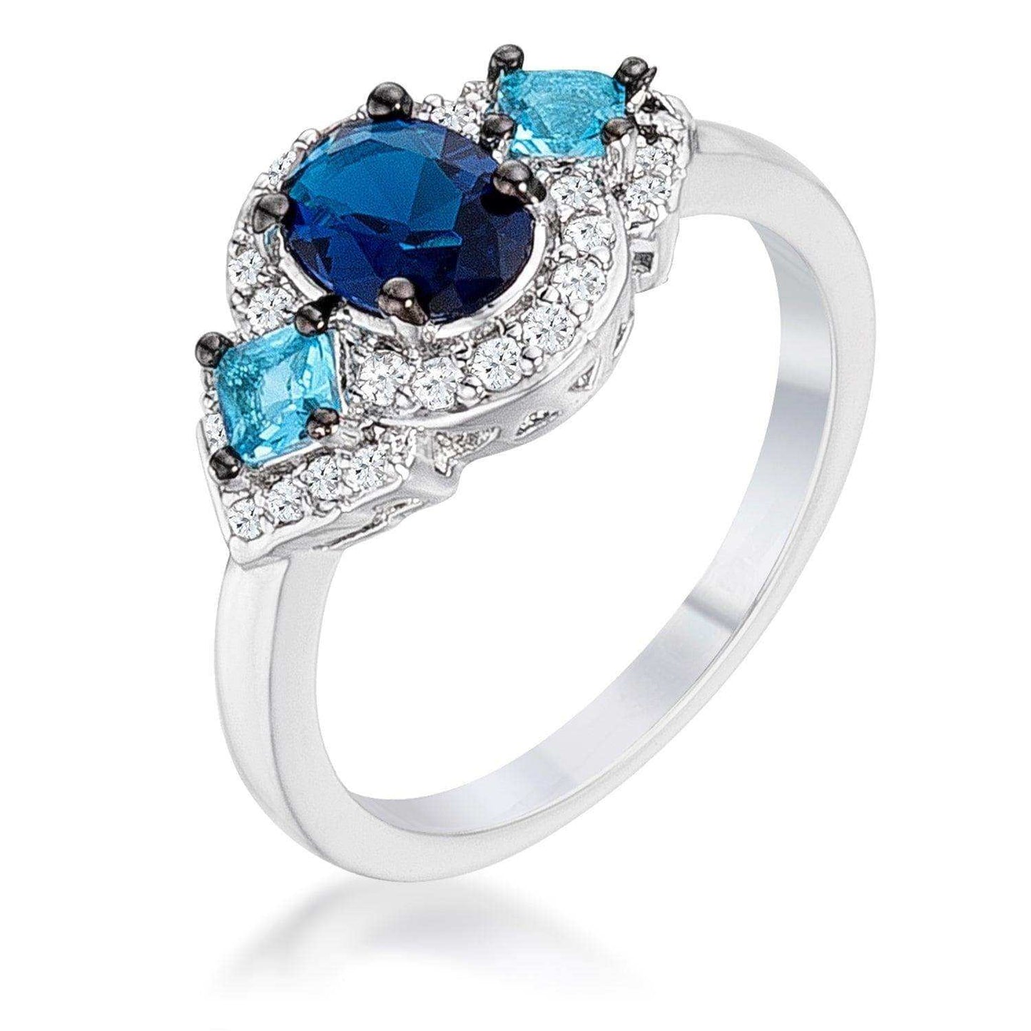1.3Ct Rhodium and Hematite Plated Shades of Blue CZ Three Stone Engagement Ring - JGI - Flyclothing LLC