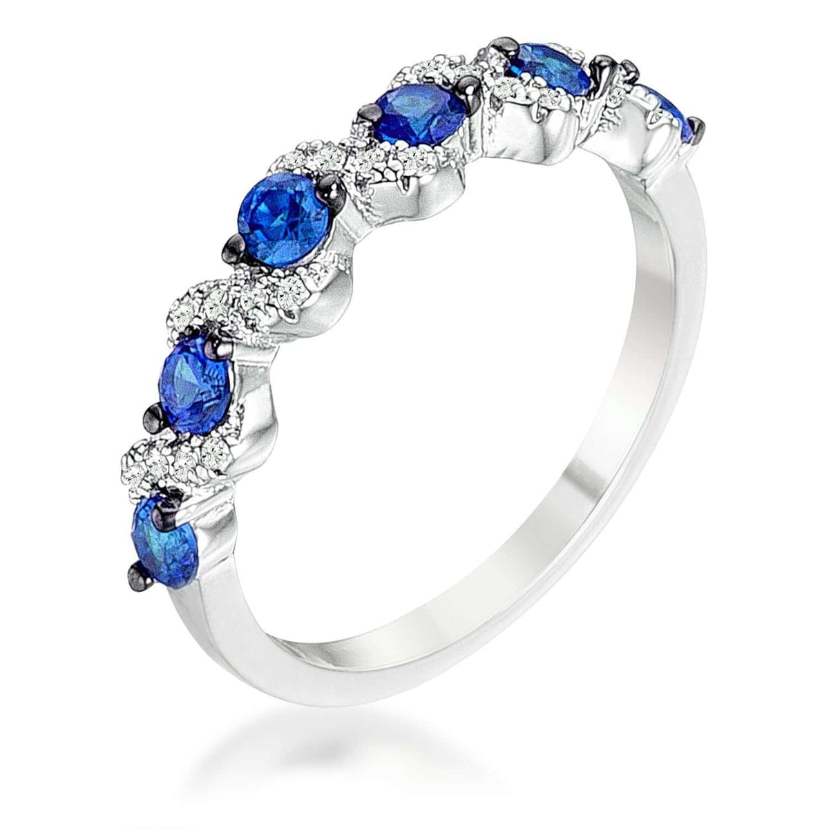 .18Ct Rhodium and Hematite Plated S Shape Sapphire Blue and Clear CZ Half Eternity Band - Flyclothing LLC