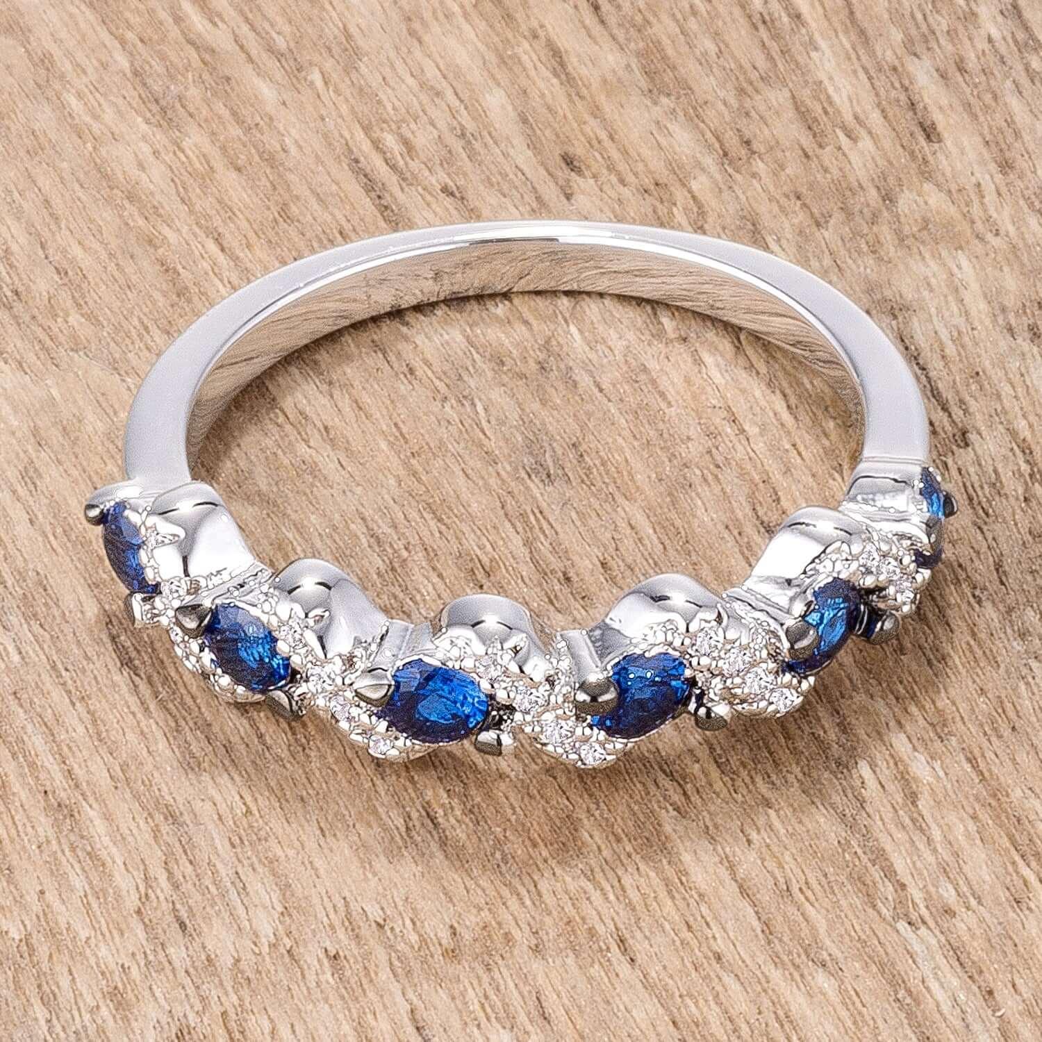 .18Ct Rhodium and Hematite Plated S Shape Sapphire Blue and Clear CZ Half Eternity Band - Flyclothing LLC