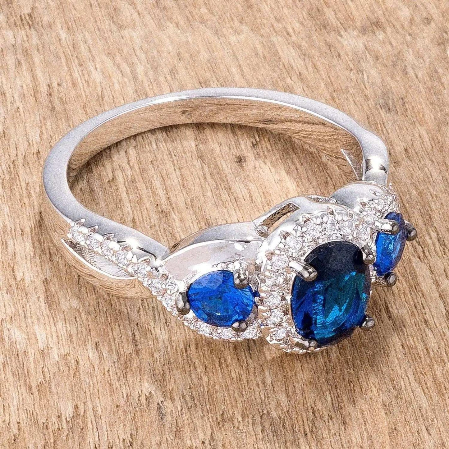 1.43Ct Rhodium & Hematite Plated Sapphire Blue & Clear CZ Three Stone Twisted Ring - JGI - Flyclothing LLC