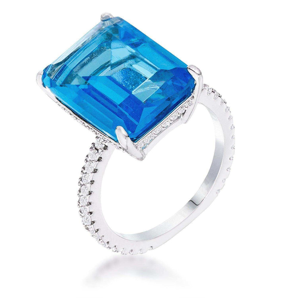 15Ct Rhodium Plated Aqua Blue Emerald Cut Pave Ring - JGI - Flyclothing LLC