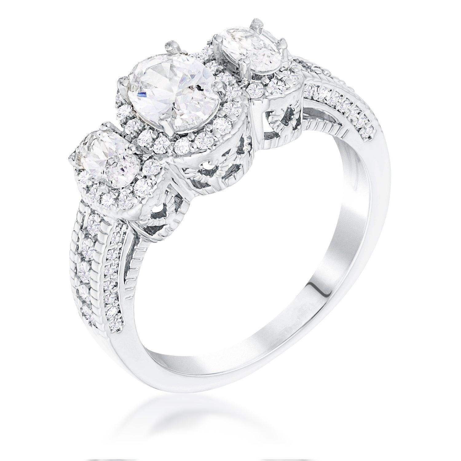 Rhodium Plated 3-Stone Clear Oval Cut CZ Halo Ring - JGI - Flyclothing LLC