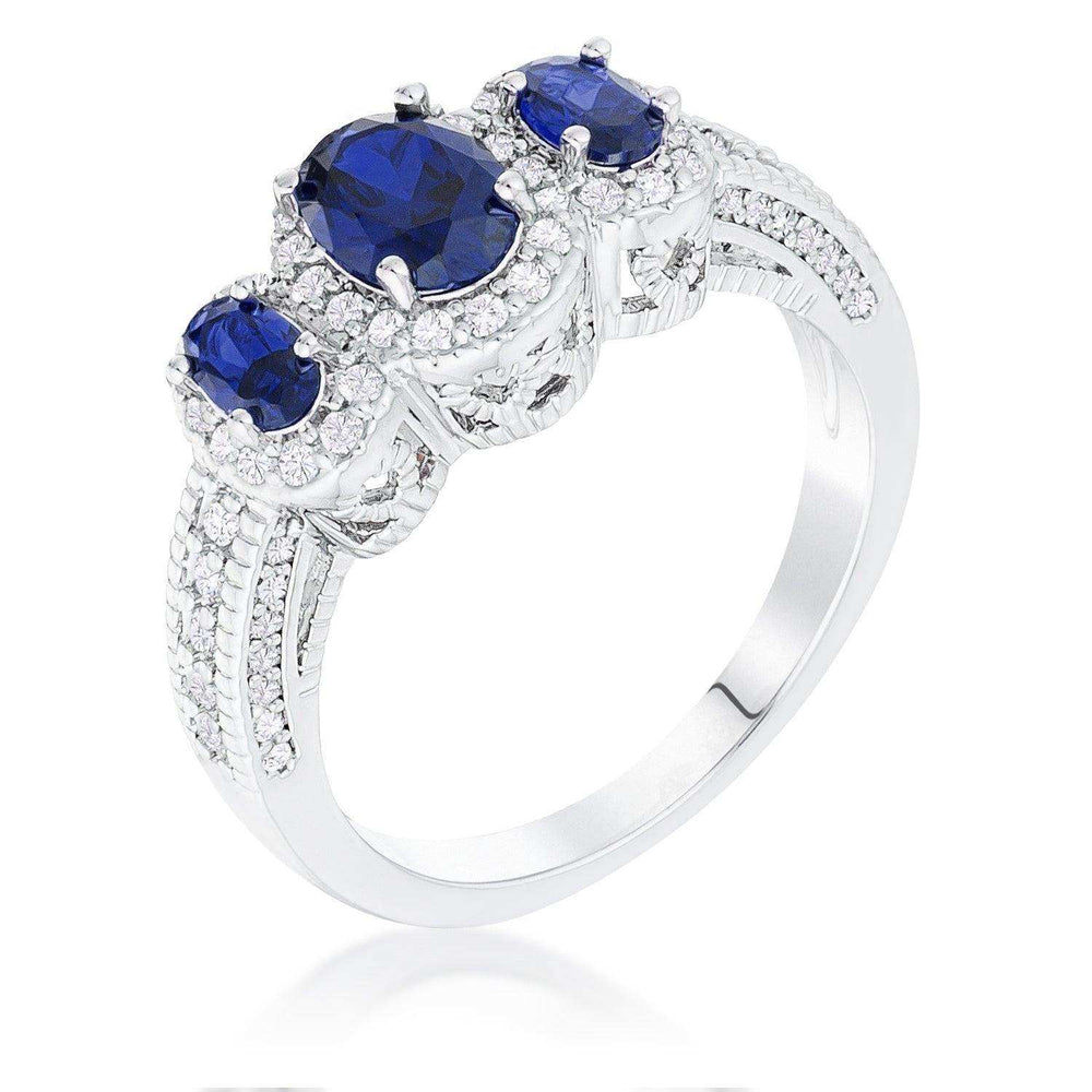 Rhodium Plated 3-Stone Sapphire Blue Oval Cut CZ Halo Ring - JGI - Flyclothing LLC