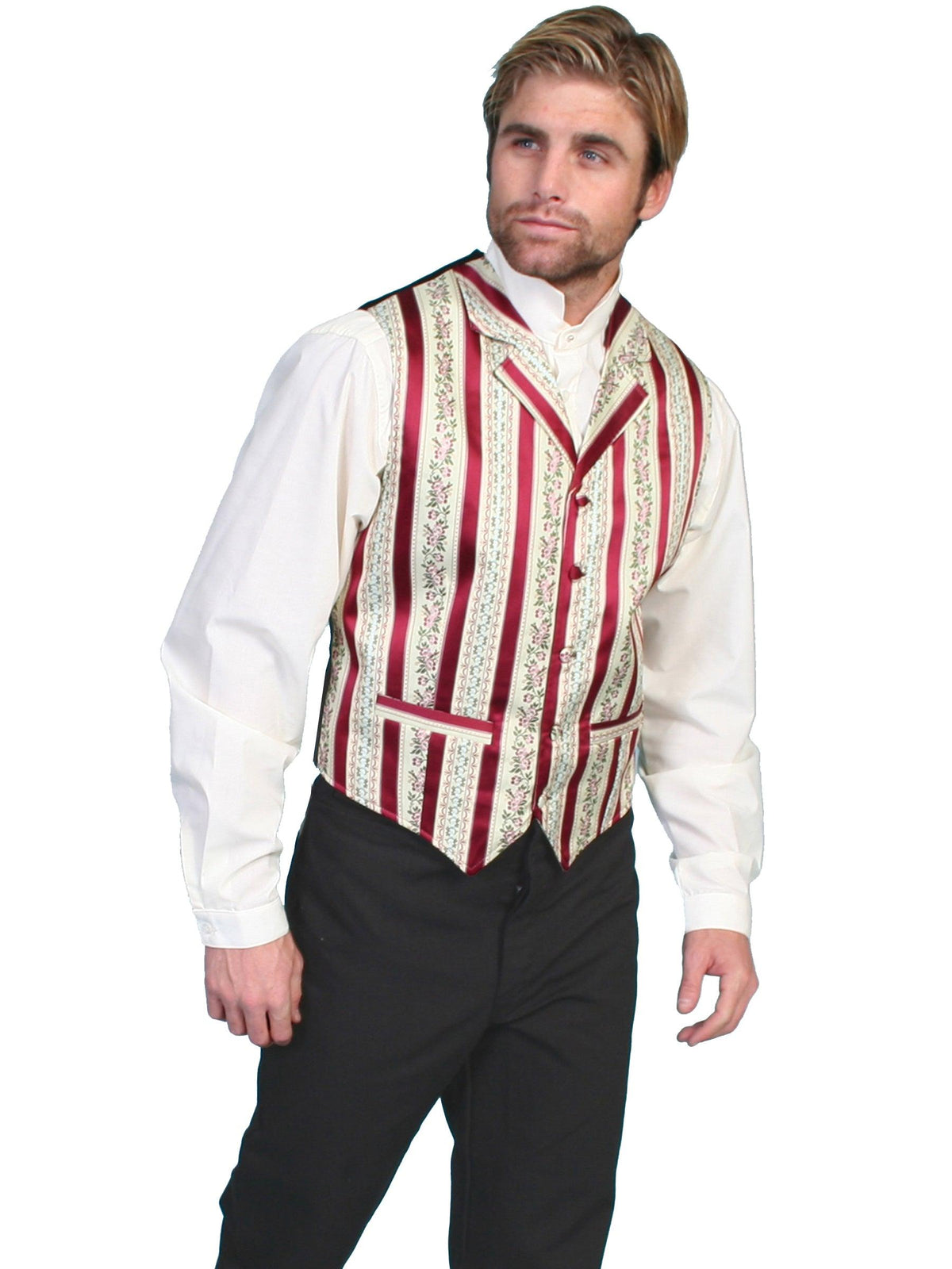 Scully Leather Burgundy Wallpaper Stripe Mens Vest - Flyclothing LLC