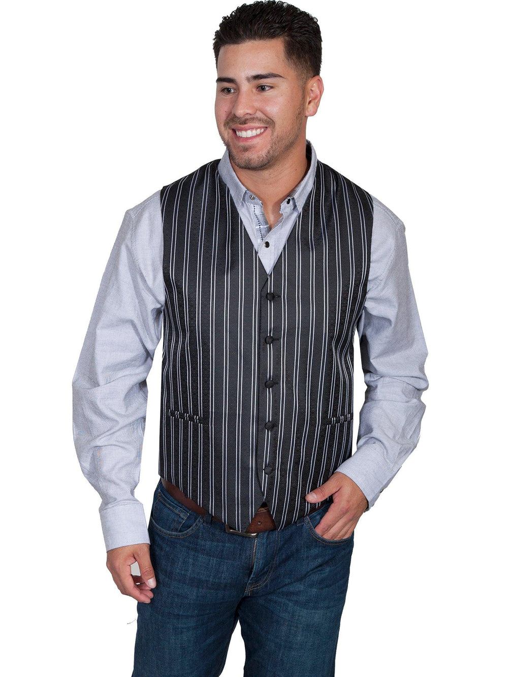 Scully BLACK NO LAPEL BLK/WHT PINSTRIPE VEST - Scully Leather