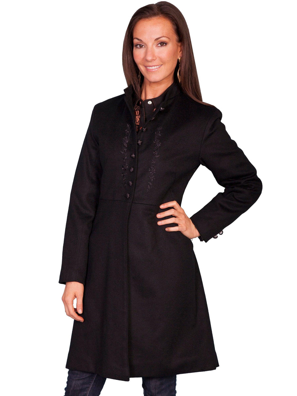 Scully BLACK LADIES EMBROIDERED FROCK COAT - Scully Leather