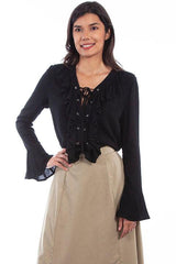 Scully BLACK LADIES RUFFLE FRONT LACE UP BLOUSE - Flyclothing LLC