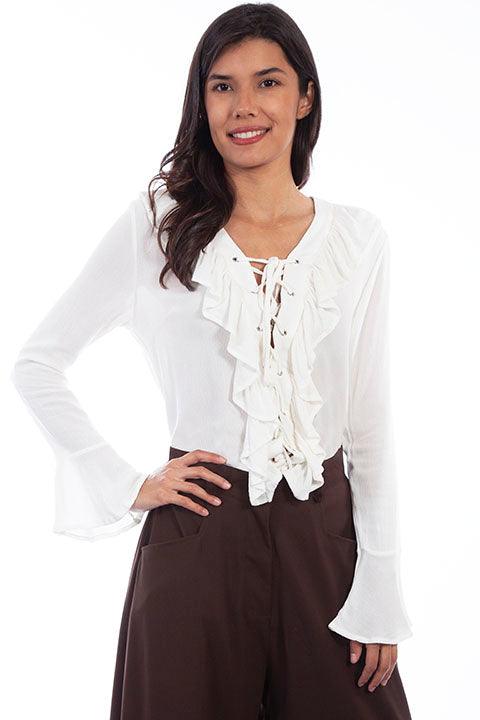 Scully IVORY LADIES RUFFLE FRONT LACE UP BLOUSE - Flyclothing LLC