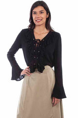 Scully Leather Rangewear Black Ruffle Lace Up Blouse