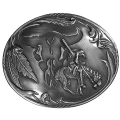 End of the Trail with Buffalo Skull Background Antiqued Belt Buckle - Siskiyou Buckle