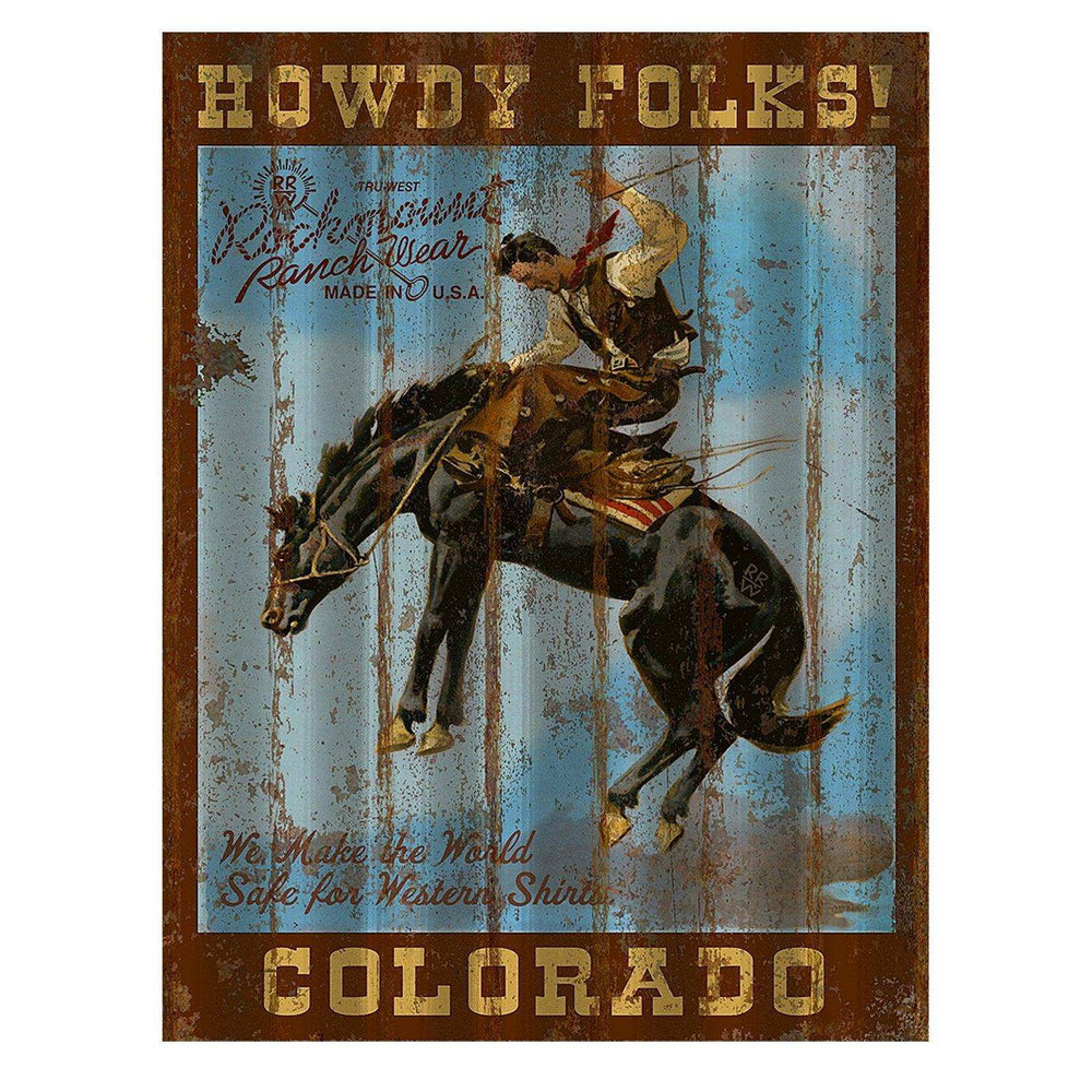 Howdy Folks Corrugated Distressed Metal Western Sign - Rockmount Clothing