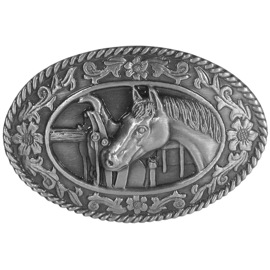 Horse head and Saddle Antiqued Belt Buckle - Flyclothing LLC
