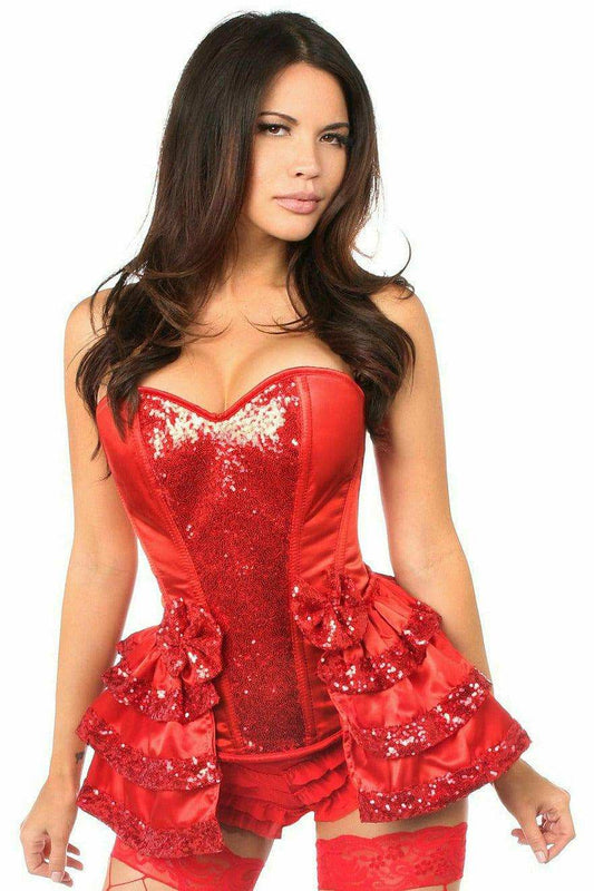 Daisy Corsets Top Drawer Red Satin & Sequin Steel Boned Corset w/Removable Snap Skirt - Daisy Corsets - Flyclothing LLC