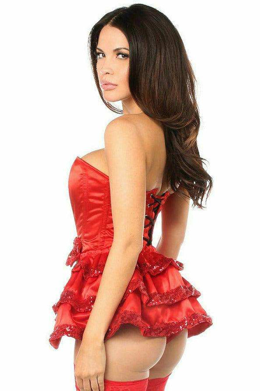 Daisy Corsets Top Drawer Red Satin & Sequin Steel Boned Corset w/Removable Snap Skirt - Daisy Corsets - Flyclothing LLC