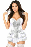 Daisy Corsets Top Drawer White/Silver Satin & Sequin Steel Boned Corset w/Removable Snap Skirt - Daisy Corsets