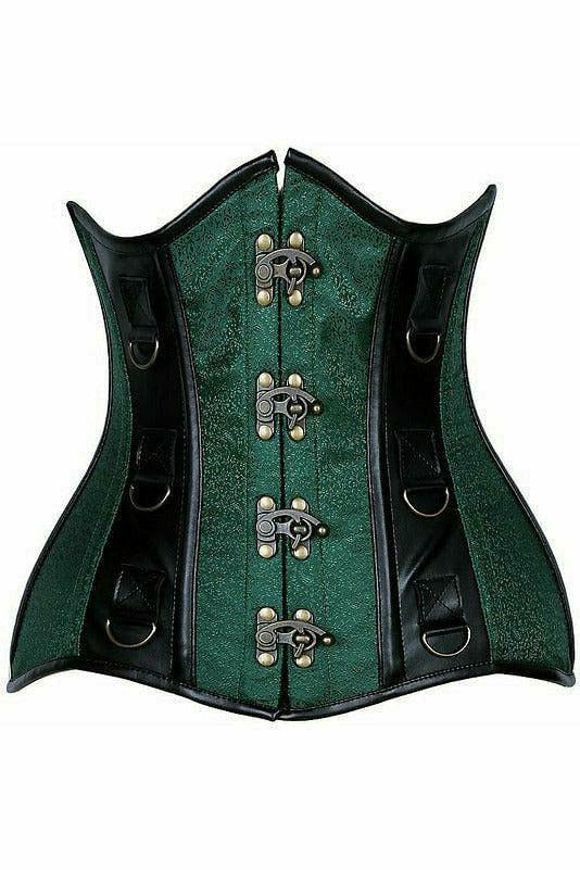 Daisy Corsets Top Drawer Dark Green Brocade & Faux Leather Steel Boned Under Bust Corset - Daisy Corsets