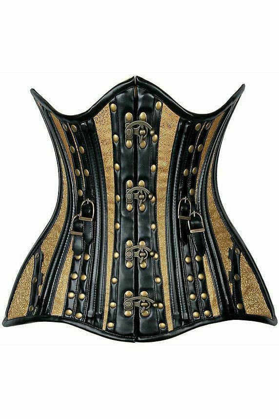 Daisy Corsets Top Drawer Faux Leather & Gold Brocade Steel Boned Under Bust Corset - Daisy Corsets