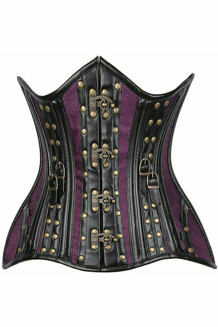 Daisy Corsets Top Drawer Faux Leather & Plum Brocade Steel Boned Under Bust Corset - Daisy Corsets