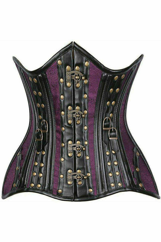 Daisy Corsets Top Drawer Faux Leather & Plum Brocade Steel Boned Under Bust Corset - Daisy Corsets - Flyclothing LLC