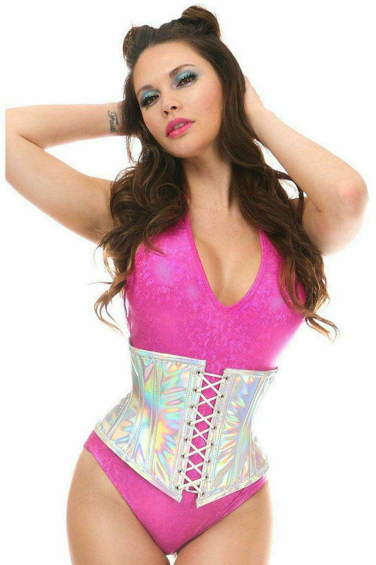 Daisy Corsets Top Drawer Silver Holo Short Under Bust Corset - Daisy Corsets - Flyclothing LLC