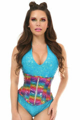 Daisy Corsets Top Drawer Rainbow Glitter Holo Steel Boned Mid Under Bust Corset - Daisy Corsets