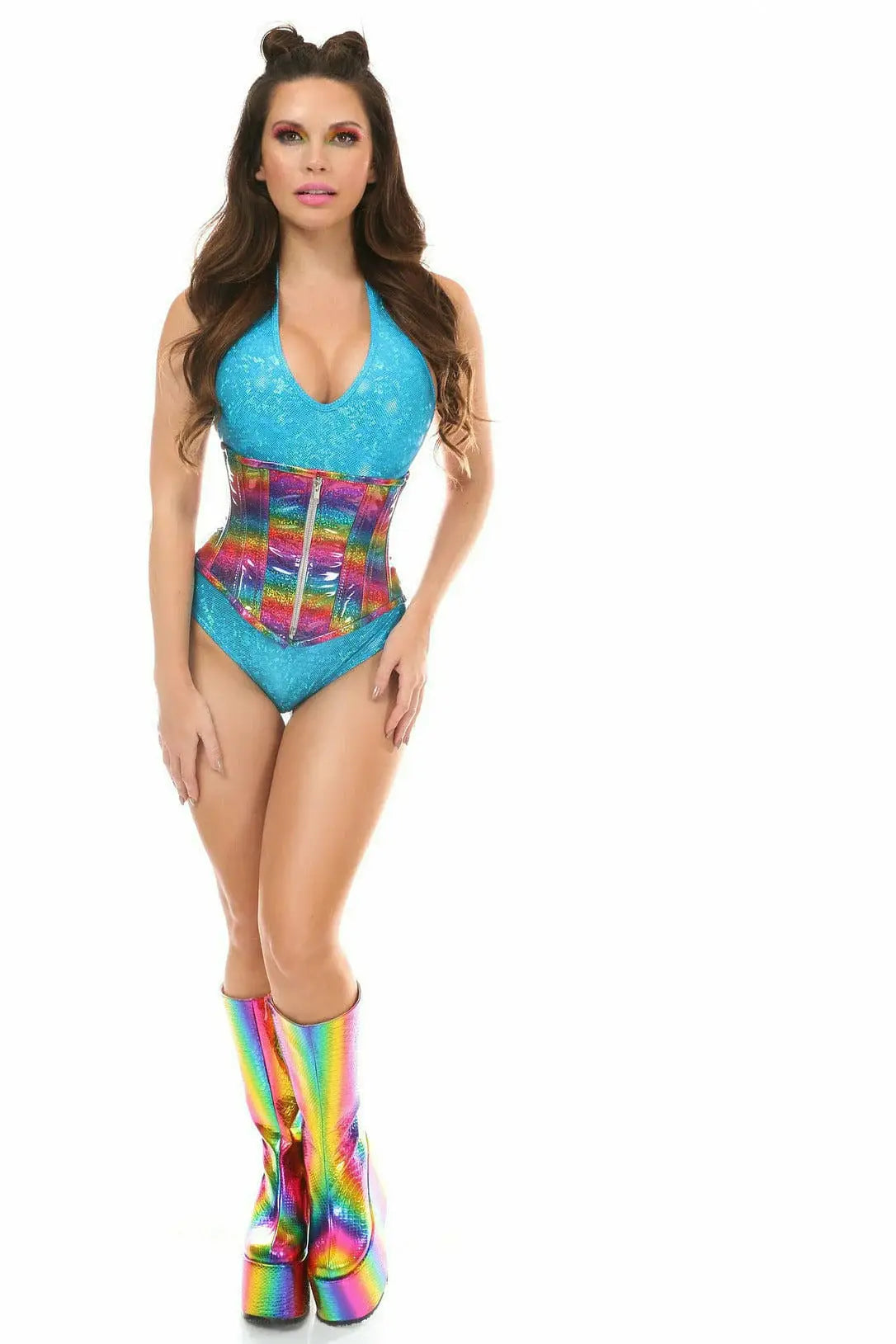 Daisy Corsets Top Drawer Rainbow Glitter Holo Steel Boned Mid Under Bust Corset - Daisy Corsets - Flyclothing LLC