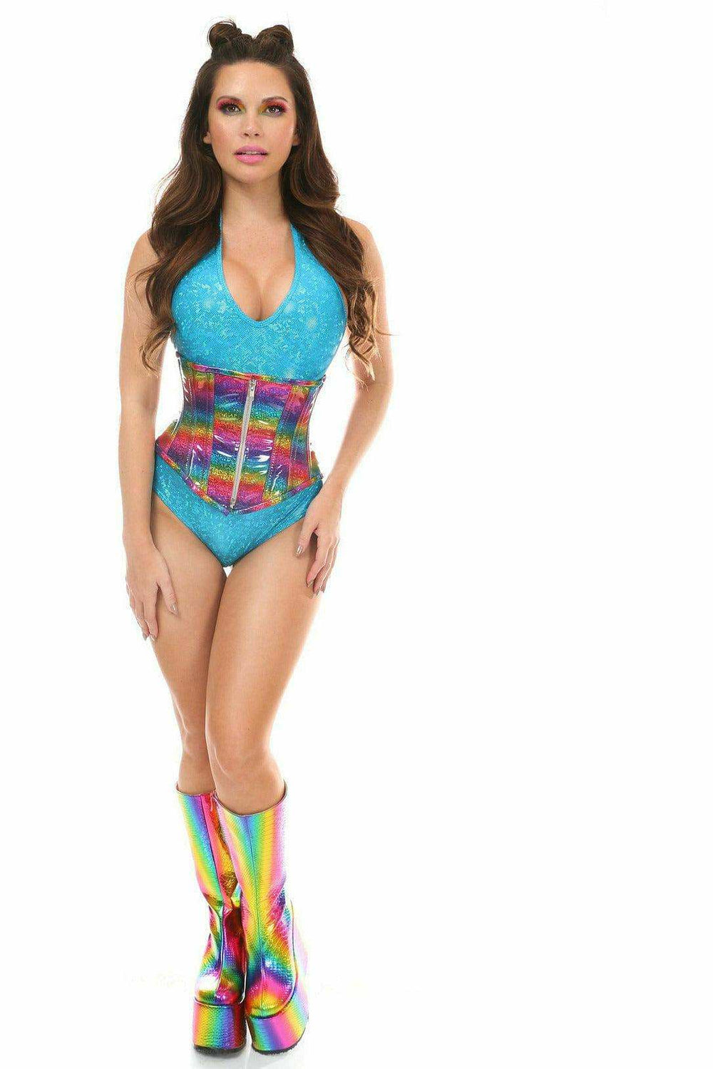 Daisy Corsets Top Drawer Rainbow Glitter Holo Steel Boned Mid Under Bust Corset - Daisy Corsets - Flyclothing LLC