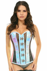 Daisy Corsets Top Drawer Blue/Purple Holo & Black Fishnet Steel Boned Over Bust Corset - Daisy Corsets - Flyclothing LLC