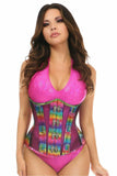 Daisy Corsets Top Drawer Rainbow Glitter PVC & Black Fishnet Steel Boned Under Bust Corset - Daisy Corsets