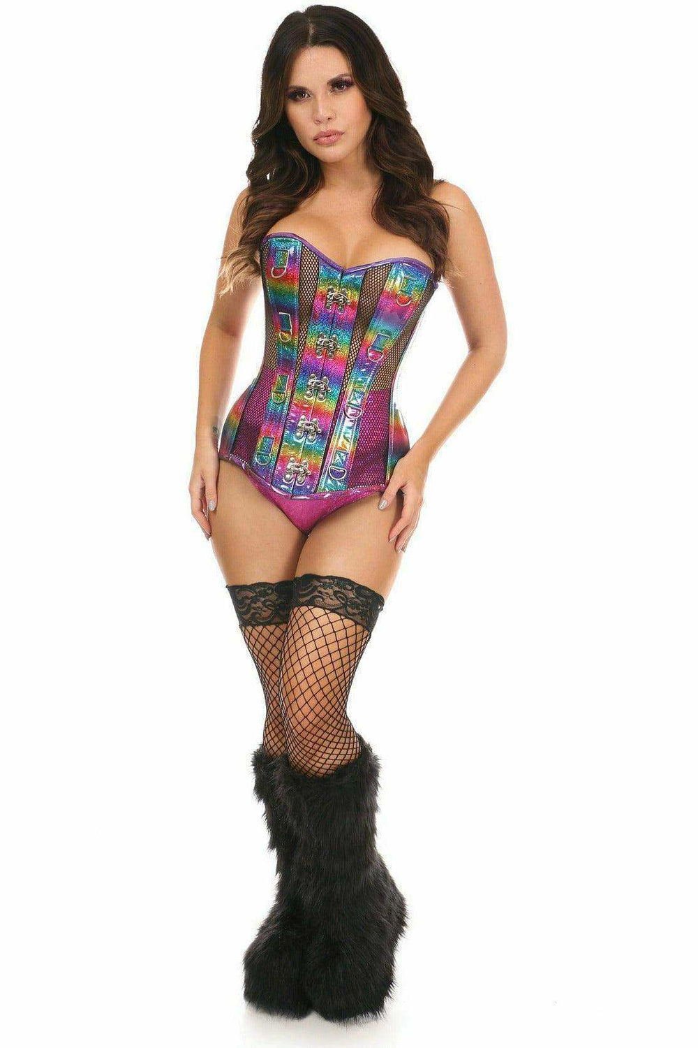 Daisy Corsets Top Drawer Rainbow Glitter PVC & Black Fishnet Steel Boned Over Bust Corset - Daisy Corsets - Flyclothing LLC