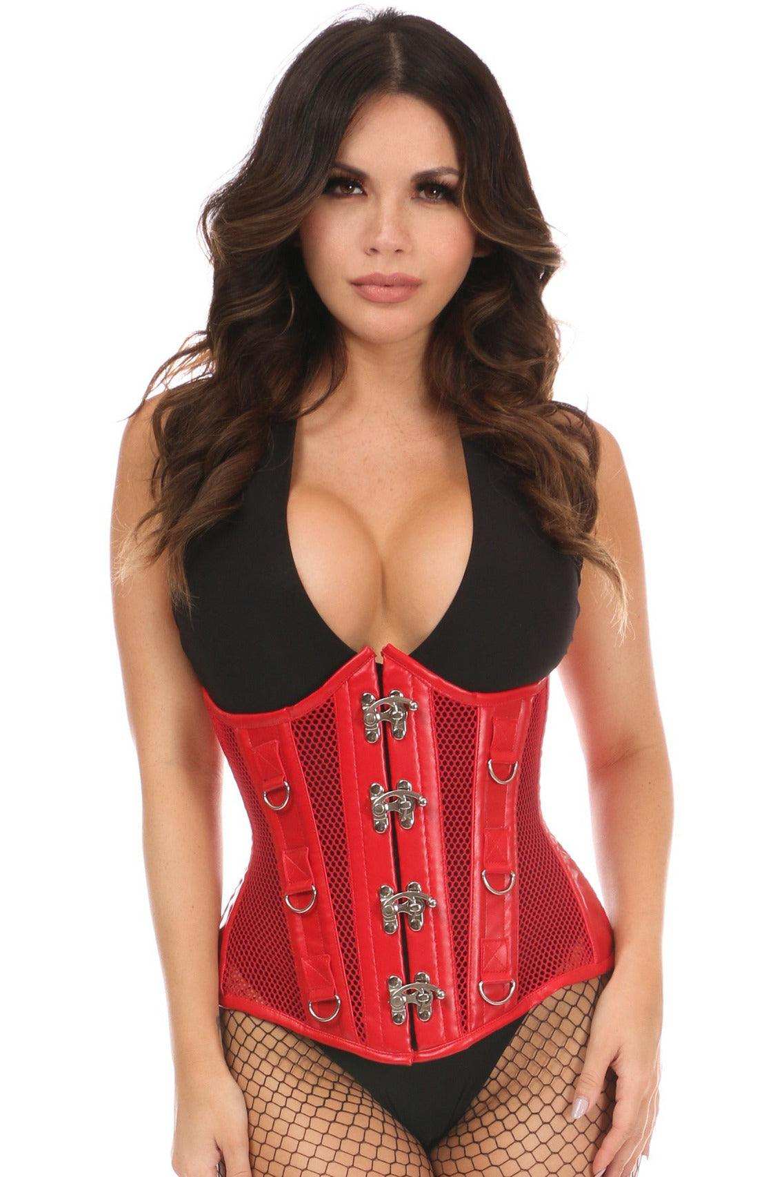 Daisy Corsets Top Drawer Red Faux Leather & Fishnet Steel Boned Under Bust Corset - Daisy Corsets - Flyclothing LLC