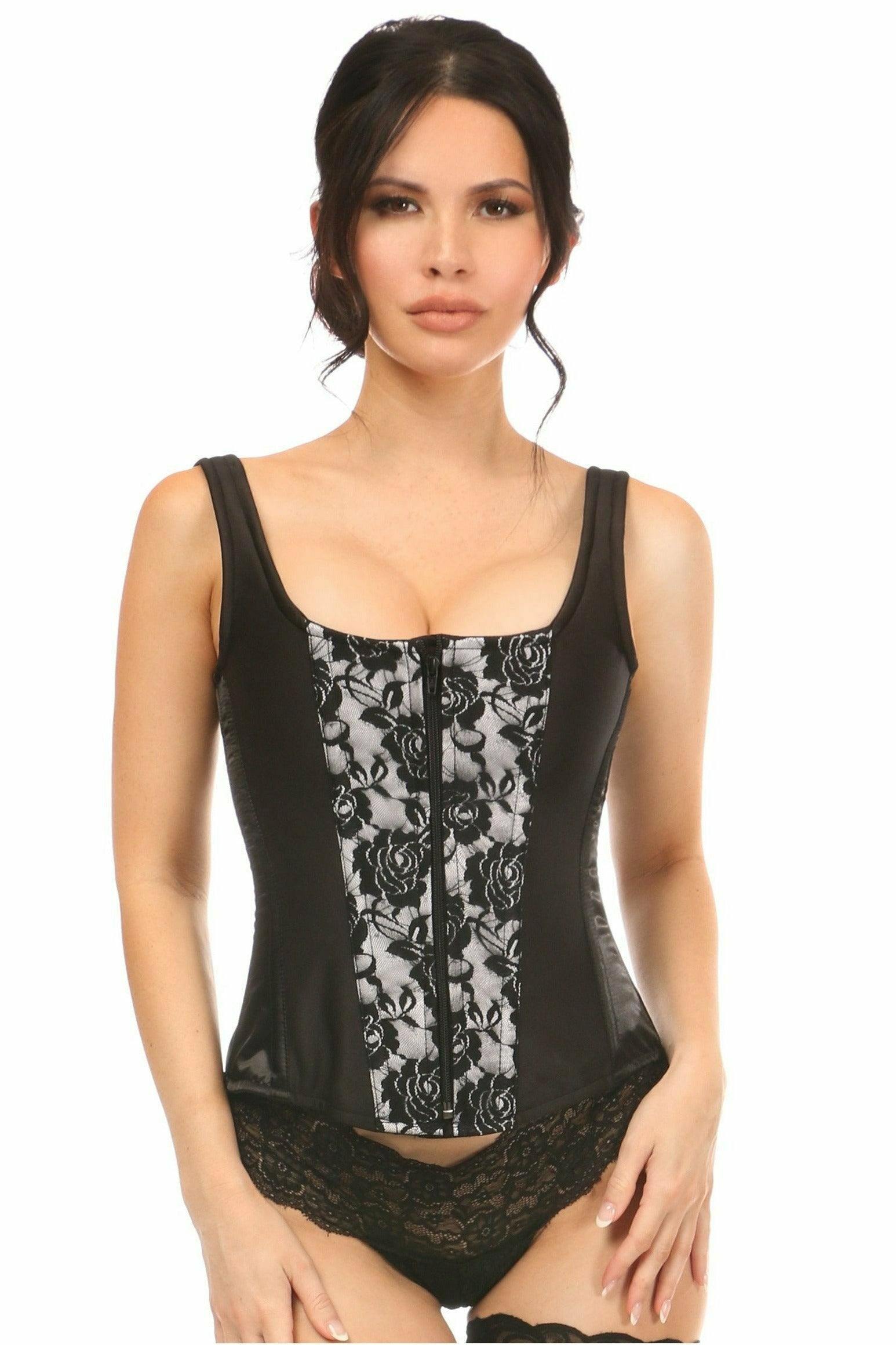 Daisy Corsets Top Drawer White Satin w/Black Lace Overlay Steel Boned Corset w/Straps