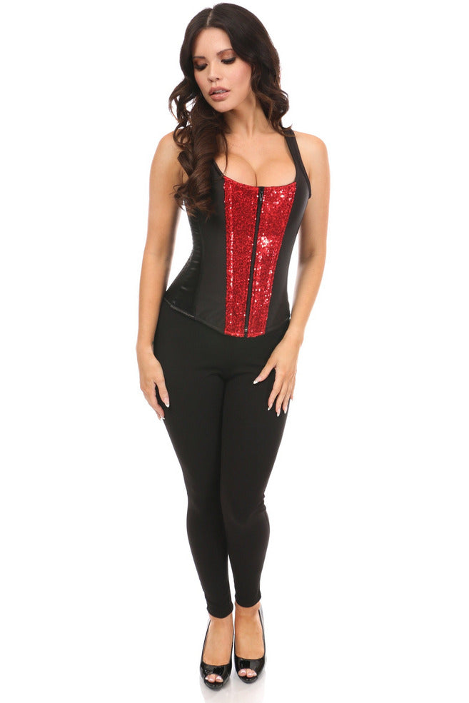 Daisy Corsets Top Drawer Black Satin & Red Sequin Steel Boned Corset w/Straps