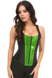 Daisy Corsets Top Drawer Black Satin & Green Sequin Steel Boned Corset w/Straps - Daisy Corsets