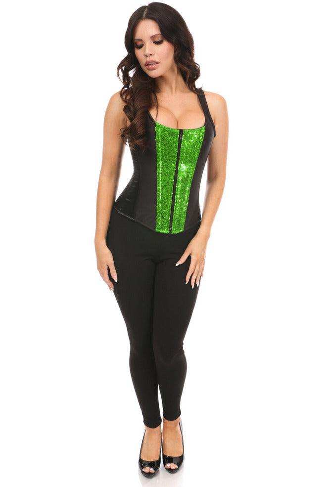 Daisy Corsets Top Drawer Black Satin & Green Sequin Steel Boned Corset w/Straps - Daisy Corsets - Flyclothing LLC