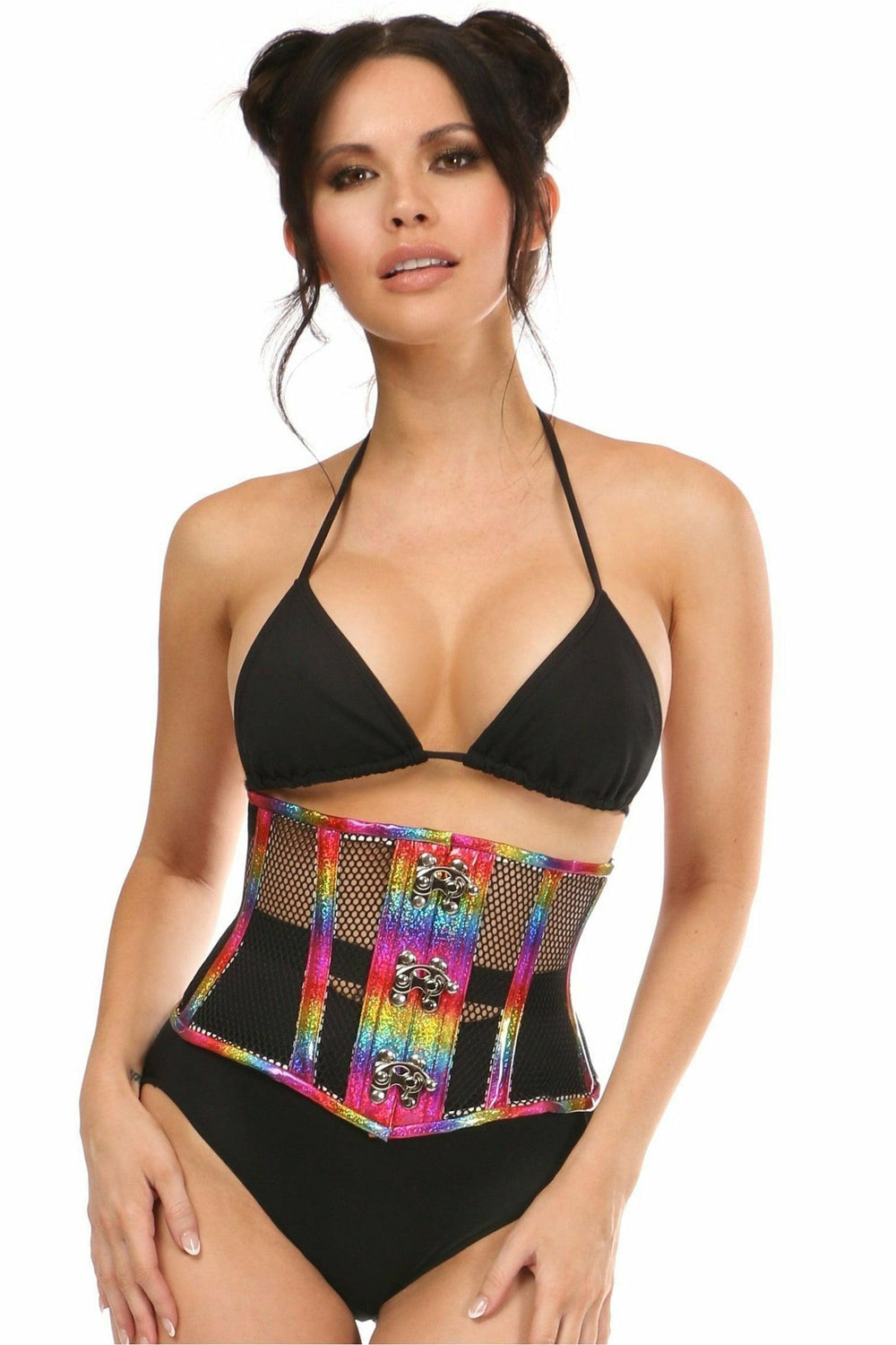 Daisy Corsets Top Drawer Rainbow Glitter PVC Steel Boned Mini Cincher w/Clasps - Daisy Corsets