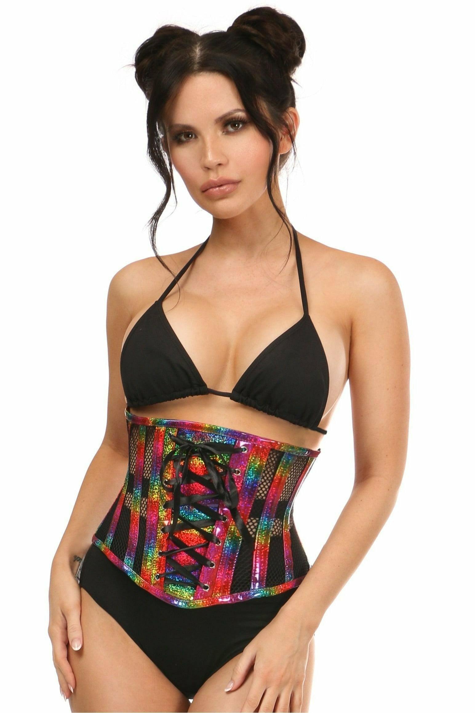 Daisy Corsets Top Drawer Rainbow Glitter PVC Steel Boned Underbust Corset w/Lace-Up Front - Daisy Corsets