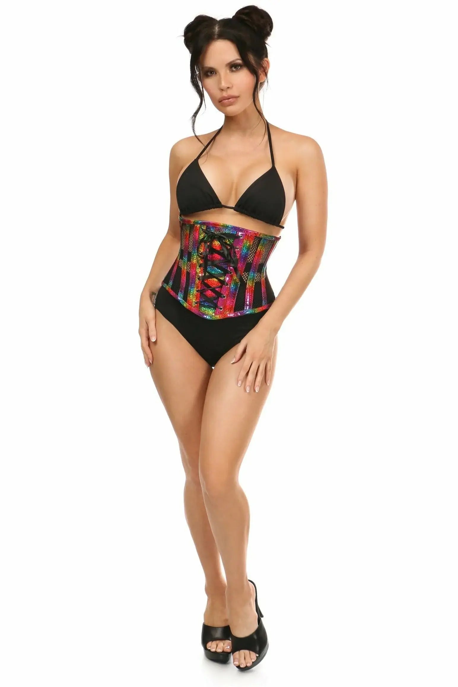 Daisy Corsets Top Drawer Rainbow Glitter PVC Steel Boned Underbust Corset w/Lace-Up Front - Daisy Corsets - Flyclothing LLC