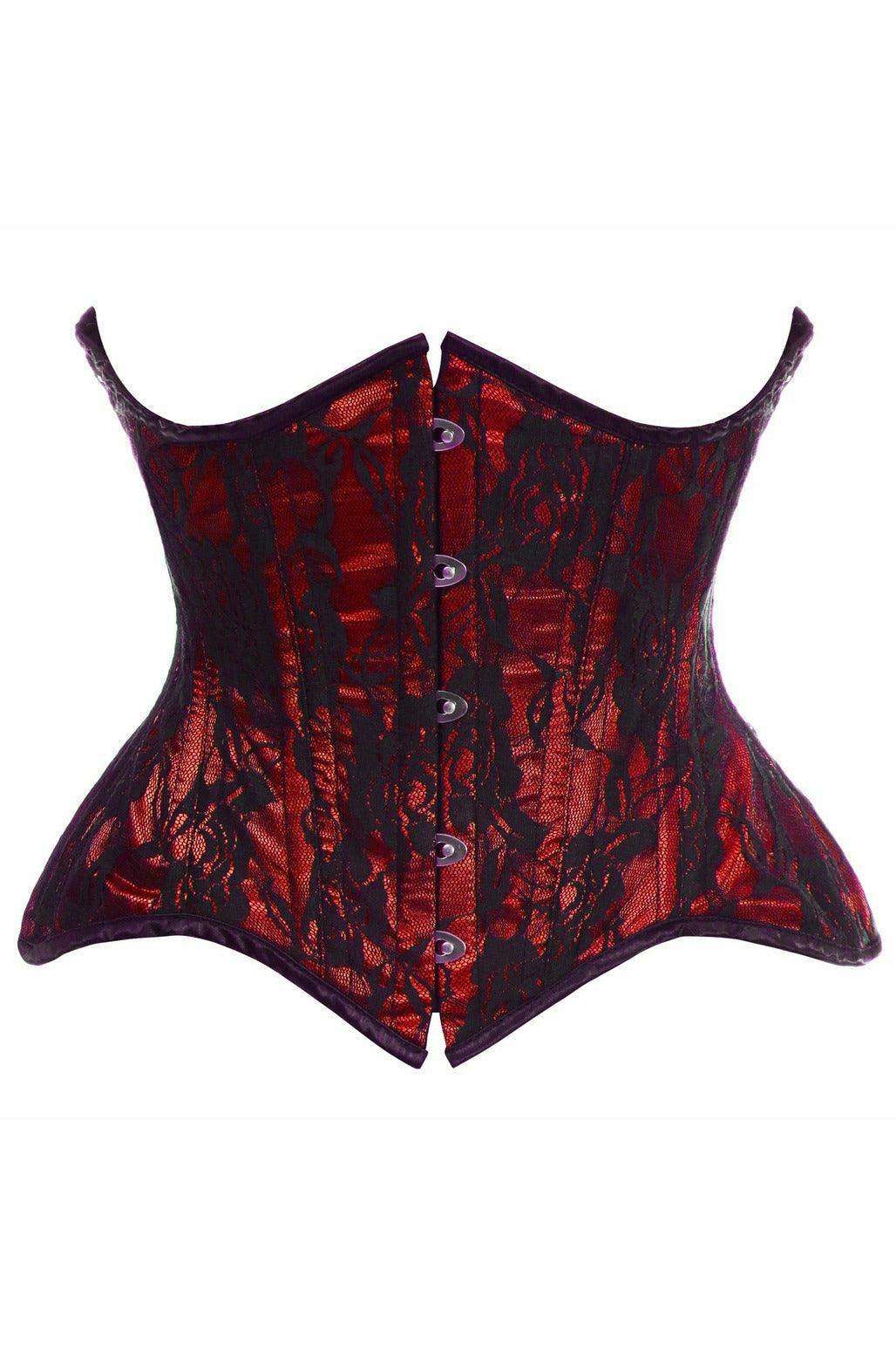 Top Drawer Red w/Black Lace Double Steel Boned Curvy Cut Waist Cincher Corset - Flyclothing LLC