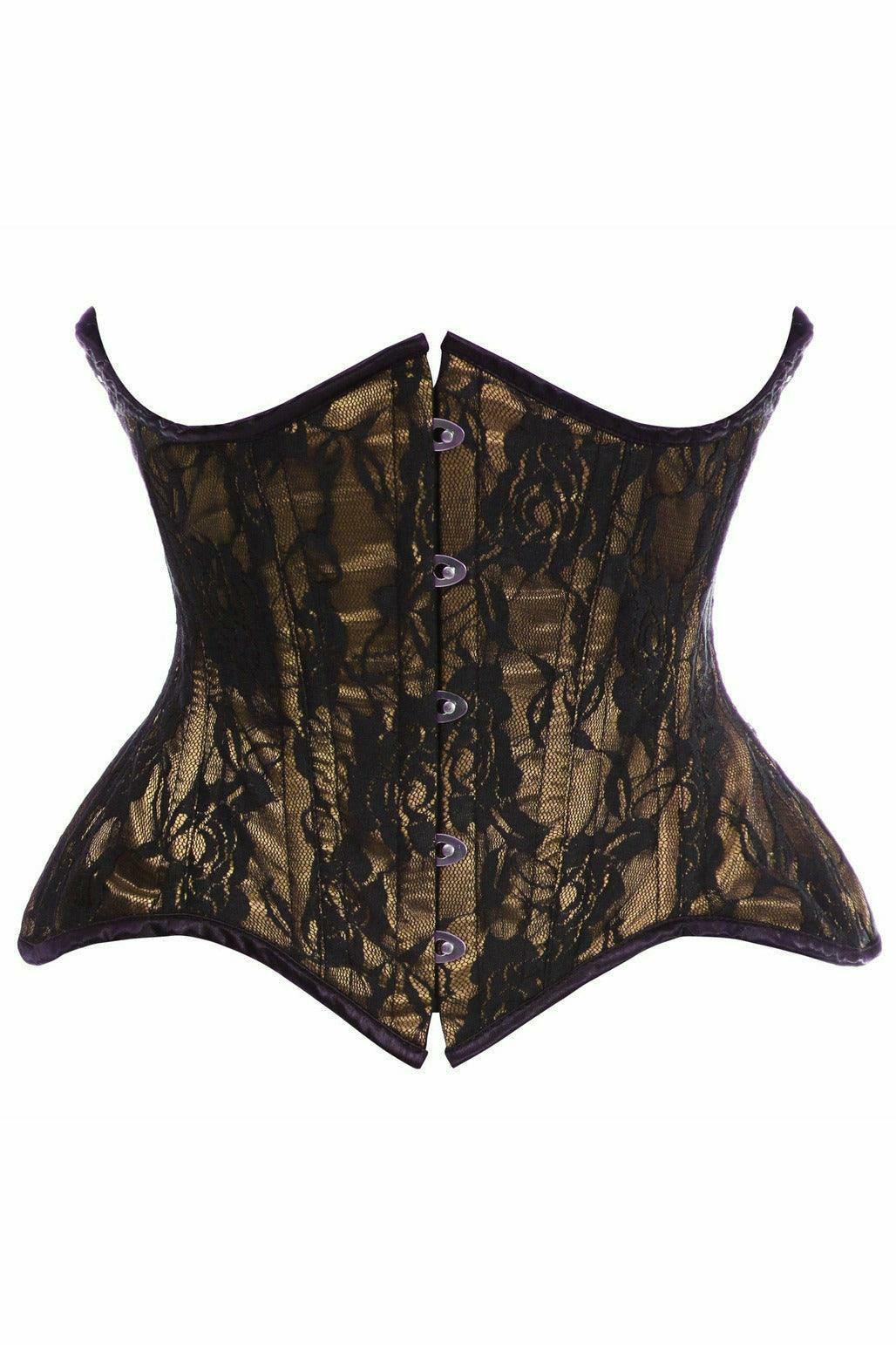 Top Drawer Beige w/Black Lace Double Steel Boned Curvy Cut Waist Cincher Corset - Flyclothing LLC