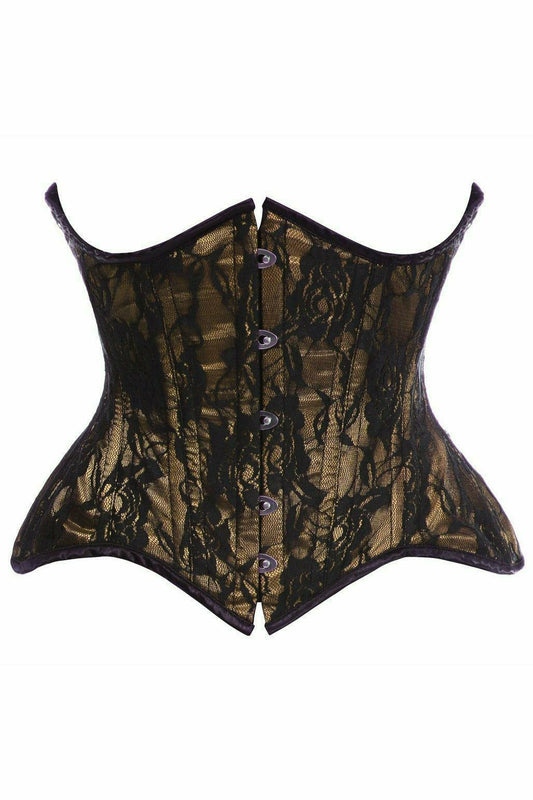 Daisy Corsets Top Drawer Beige w/Black Lace Double Steel Boned Curvy Cut Waist Cincher Corset