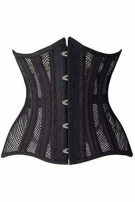 Top Drawer Black Fishnet Double Steel Boned Curvy Cut Waist Cincher Corset - Daisy Corsets - Flyclothing LLC