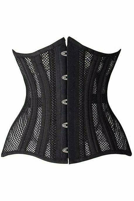 Daisy Corsets Top Drawer Black Fishnet Double Steel Boned Curvy Cut Waist Cincher Corset - Daisy Corsets