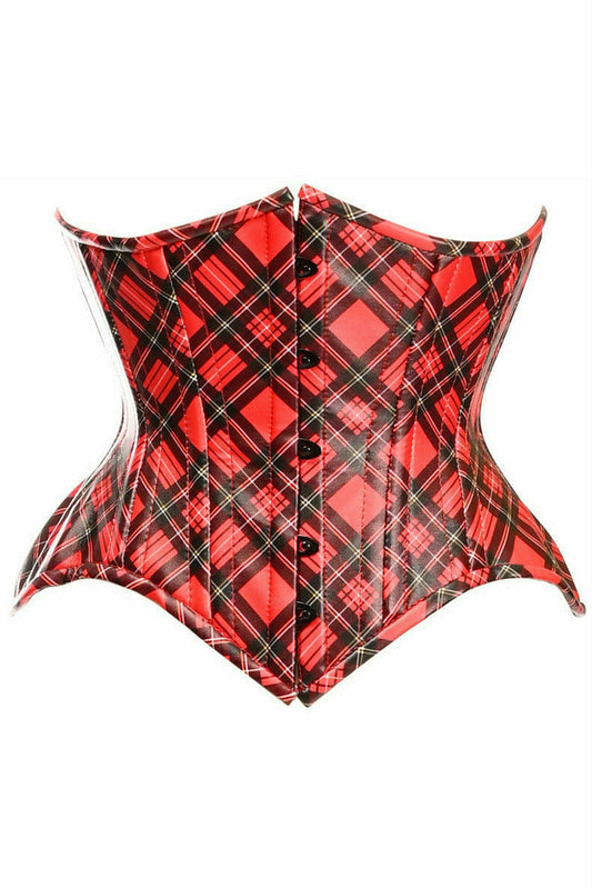 Daisy Corsets Top Drawer Red Plaid Faux Leather Double Steel Boned Curvy Cut Waist Cincher Corset