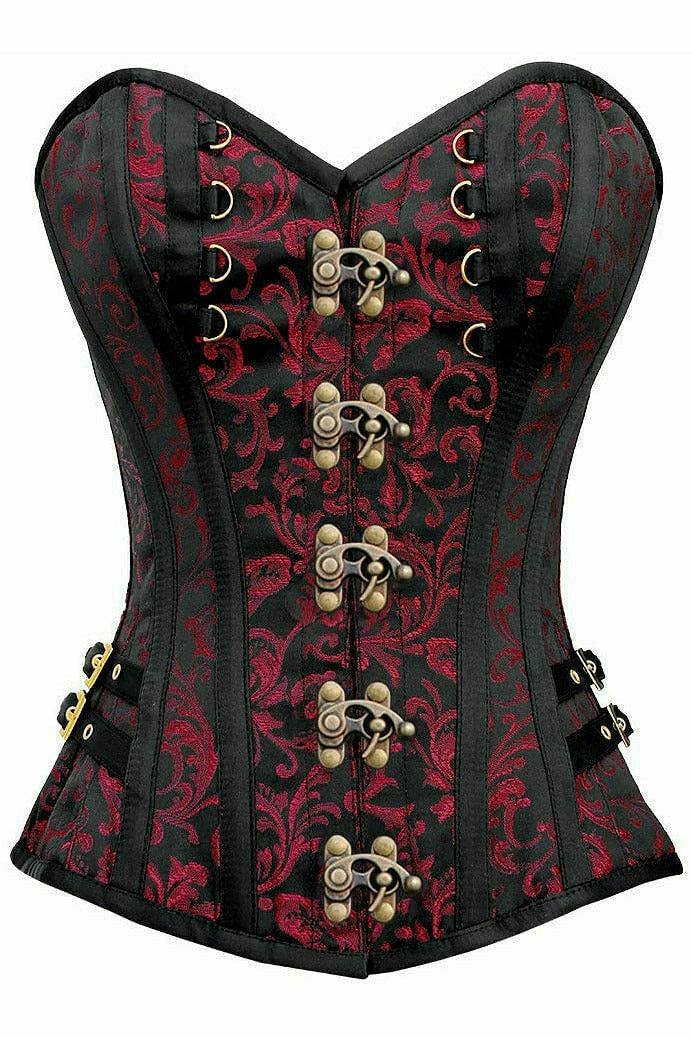 Daisy Corsets Top Drawer Black/Red Swirl Brocade Steel Boned Overbust Corset w/Buckles - Daisy Corsets