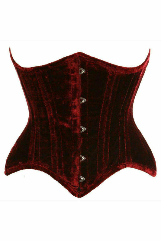 Daisy Corsets Top Drawer Dark Red Crushed Velvet Double Steel Boned Curvy Cut Waist Cincher Corset - Daisy Corsets - Flyclothing LLC