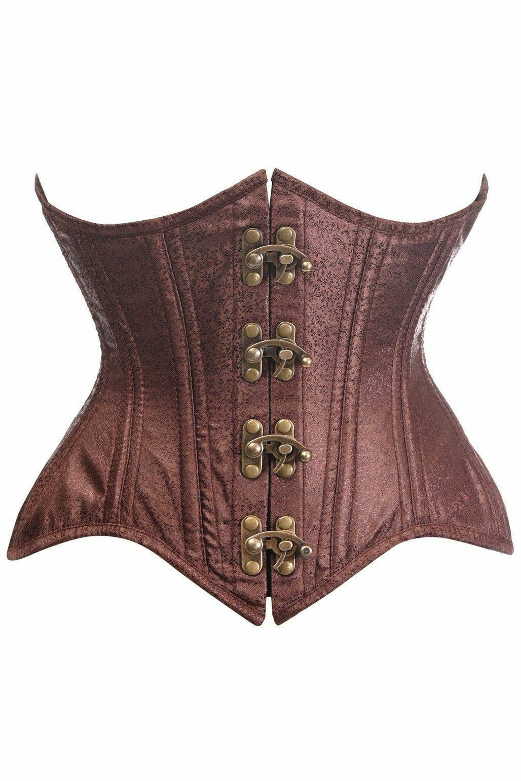 Top Drawer Double Steel Boned Brown Brocade Curvy Underbust Corset - Daisy Corsets - Flyclothing LLC